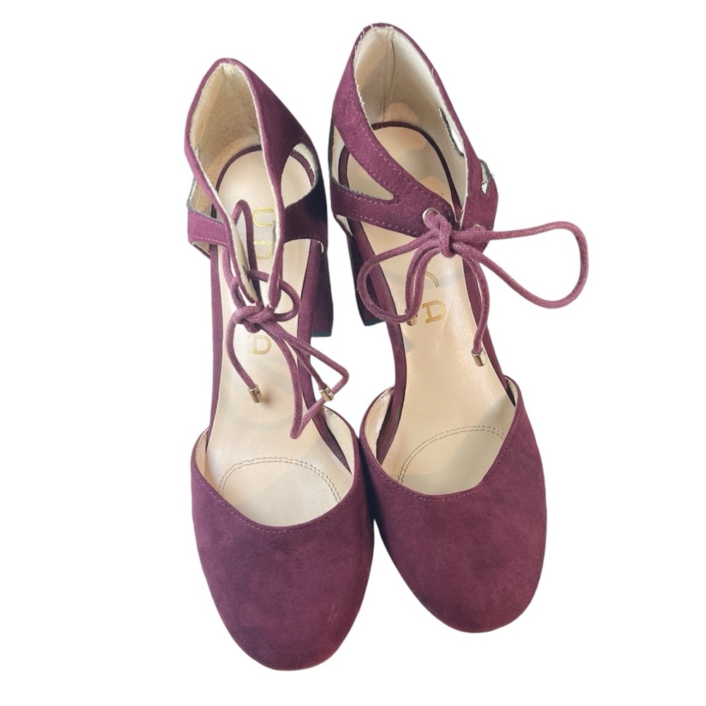 Unisa Faux Suede Ankle Tie Block Heel Pumps Burgundy Size 6 1/2 Valentine Fall - Picture 2 of 9